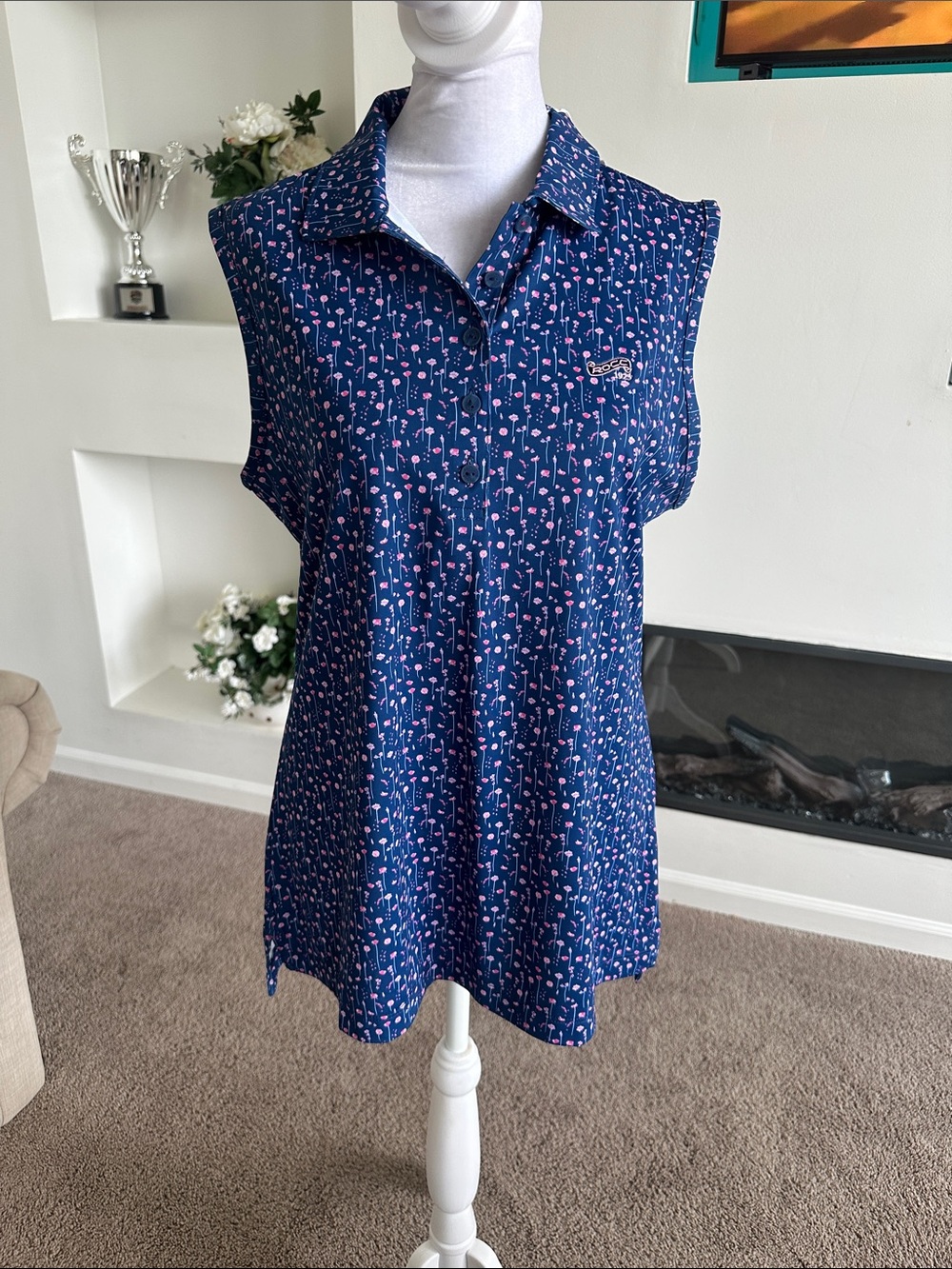 Peter Millar Navy Polo Tunic with Pink Floral Dots
